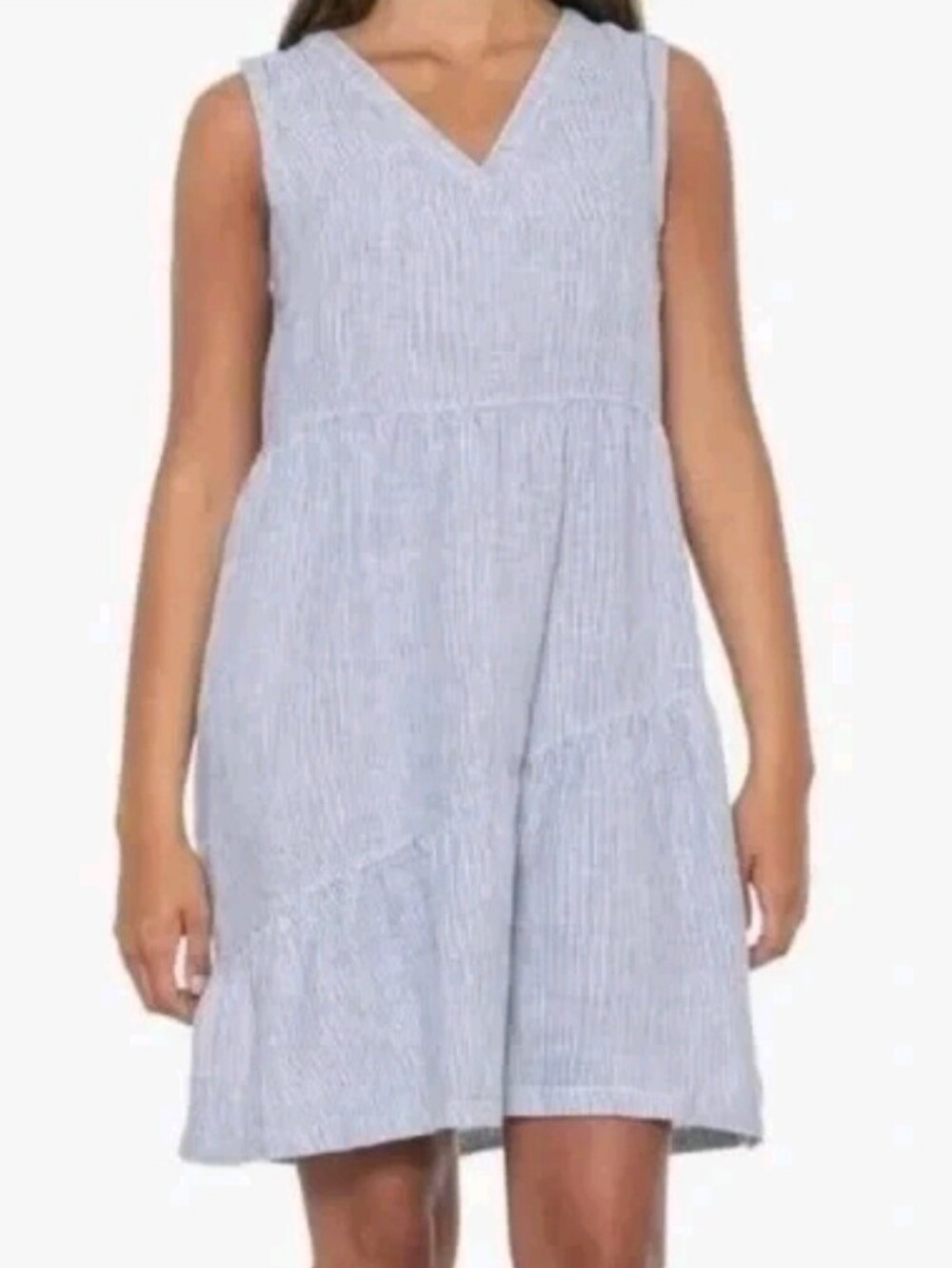 Lucky Brand Navy and White Striped V-Neck Linen Blend Midi Dress Size Large